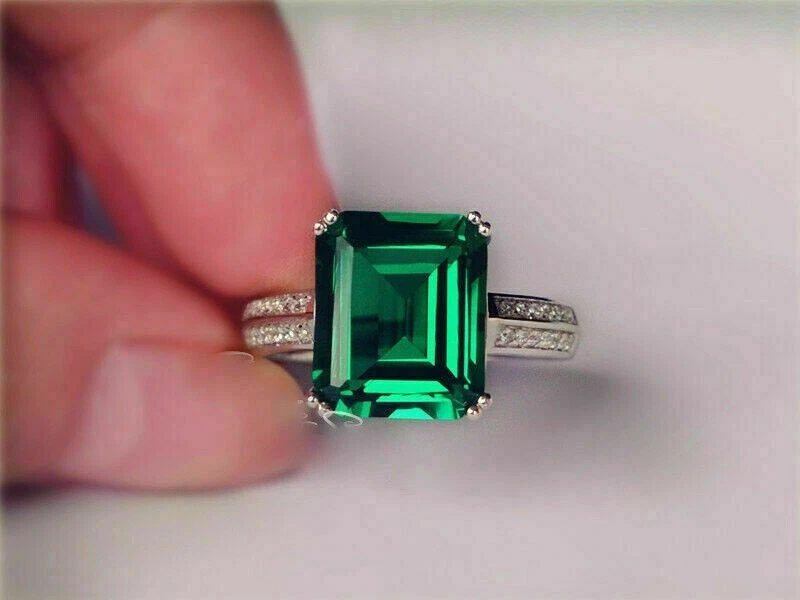 3CT Green Emerald Solitaire Wedding Ring in 14K White Gold Plated Lab Created - Image 2 of 3