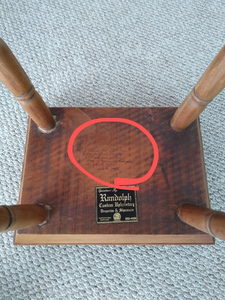 Via-F.Dex.  Rustic Vintage Handcrafted SIGNED Mahogany Upholstered Ottoman. Kehr - Image 4 of 4