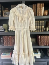 Gunne Sax Dress By Jessica Prairie Boho Edwardian Cream Colored Short Sleeve XS