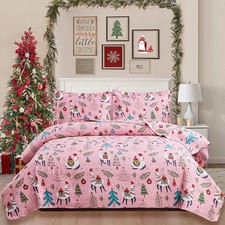 Christmas Bedspread Coverlets Full/Queen Size Girls Quilt Set Xmas Pink Alpac...