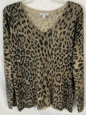 Susan Graver Animal Print V-Neck Boho Pullover Sweater Womens S Brown A258627