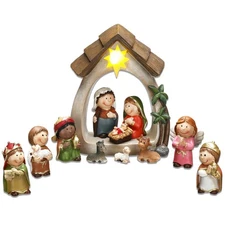 Nativity Set & Figures, 12 Pieces Small Christmas Nativity Scene with LED Lig...
