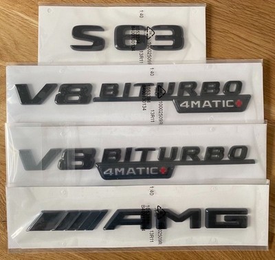 Komplett-Set für Mercedes S63 AMG 4MATIC+ Schriftzug-Embleme in schwarz glanz