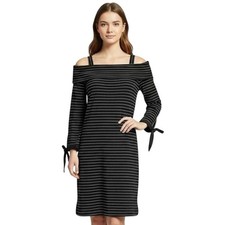 LOFT Dress Women Size 4 Black + White Stripes Cold Shoulder Pullover Ribbed Chic