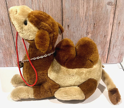Vintage 2 Tone Brown Tan  2-Hump Camel w/Reins & Bell Necklace Stuffed Plush Toy