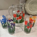 VTG Anchor Hocking Nina Greenhouse 1983 Spring Floral Pitcher With 4 Tumblers