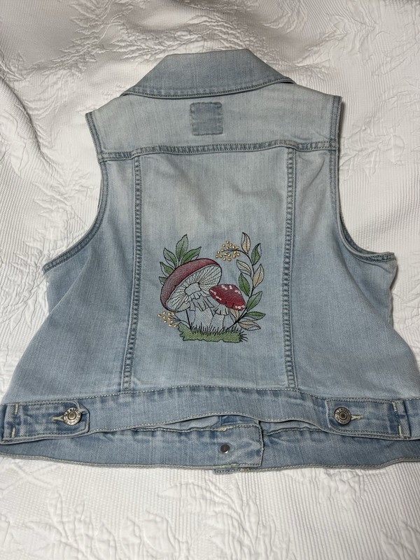 Custom Embroidered Denim Vest Upcycled Old Navy Medium Boho Mushroom Design
