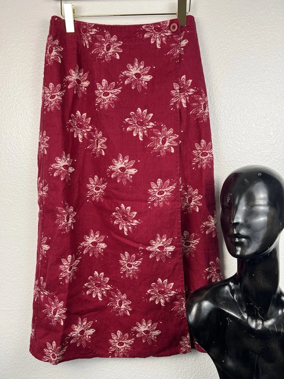 Eddie Bauer Woman Size 6P Petite 100% Linen Floral True Wrap Maxi Skirt Red