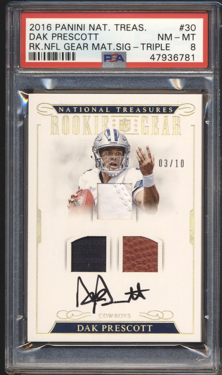 Dak Prescott Panini National Treasures Rookie NFL Gear Materials Signatures #30 Triple