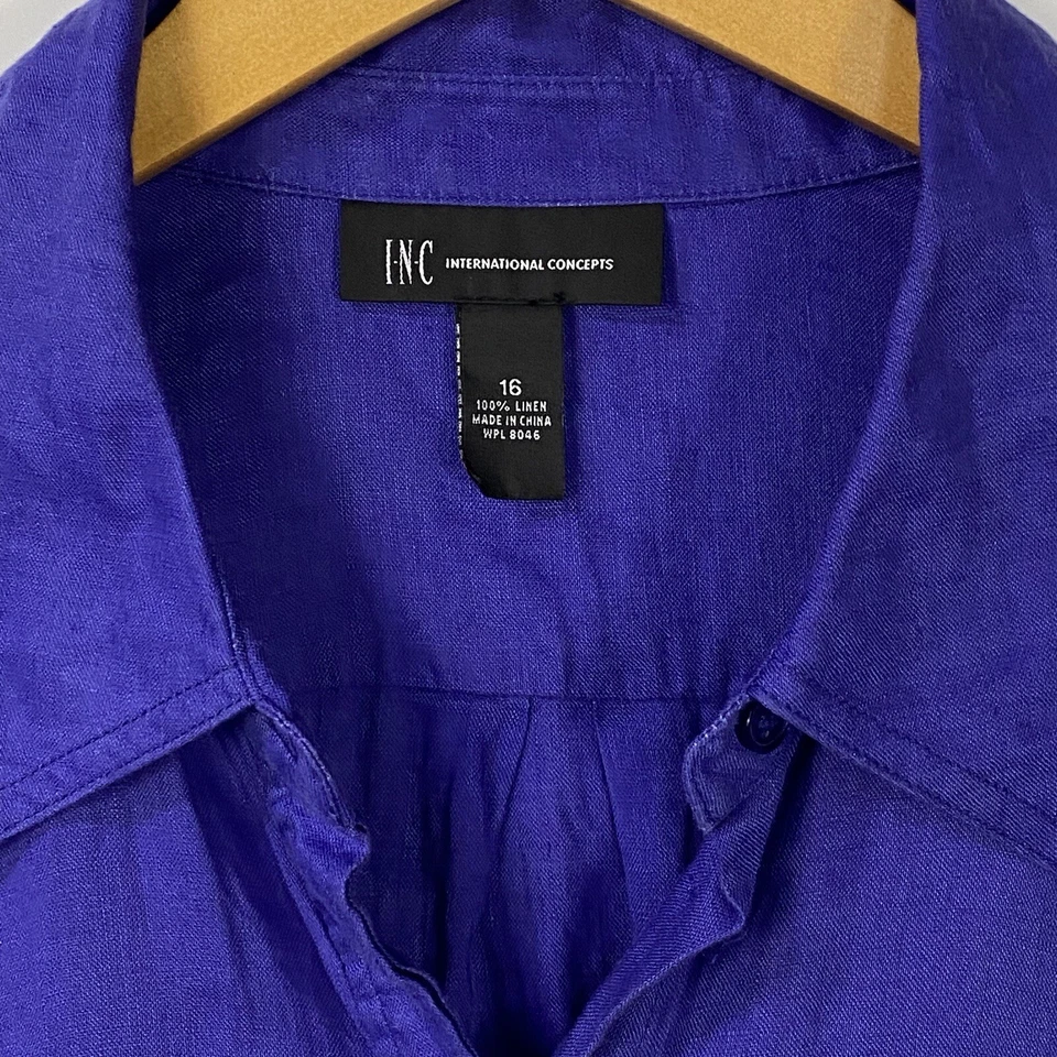 Top de lino para mujer INC International Concepts talla 16 púrpura con botones manga larga Foto 4 de 4