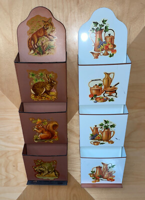 2 Vintage Wall Pocket Ivanhoe MFG Ludington Mich Sheet Metal Kitchen Animal Mail