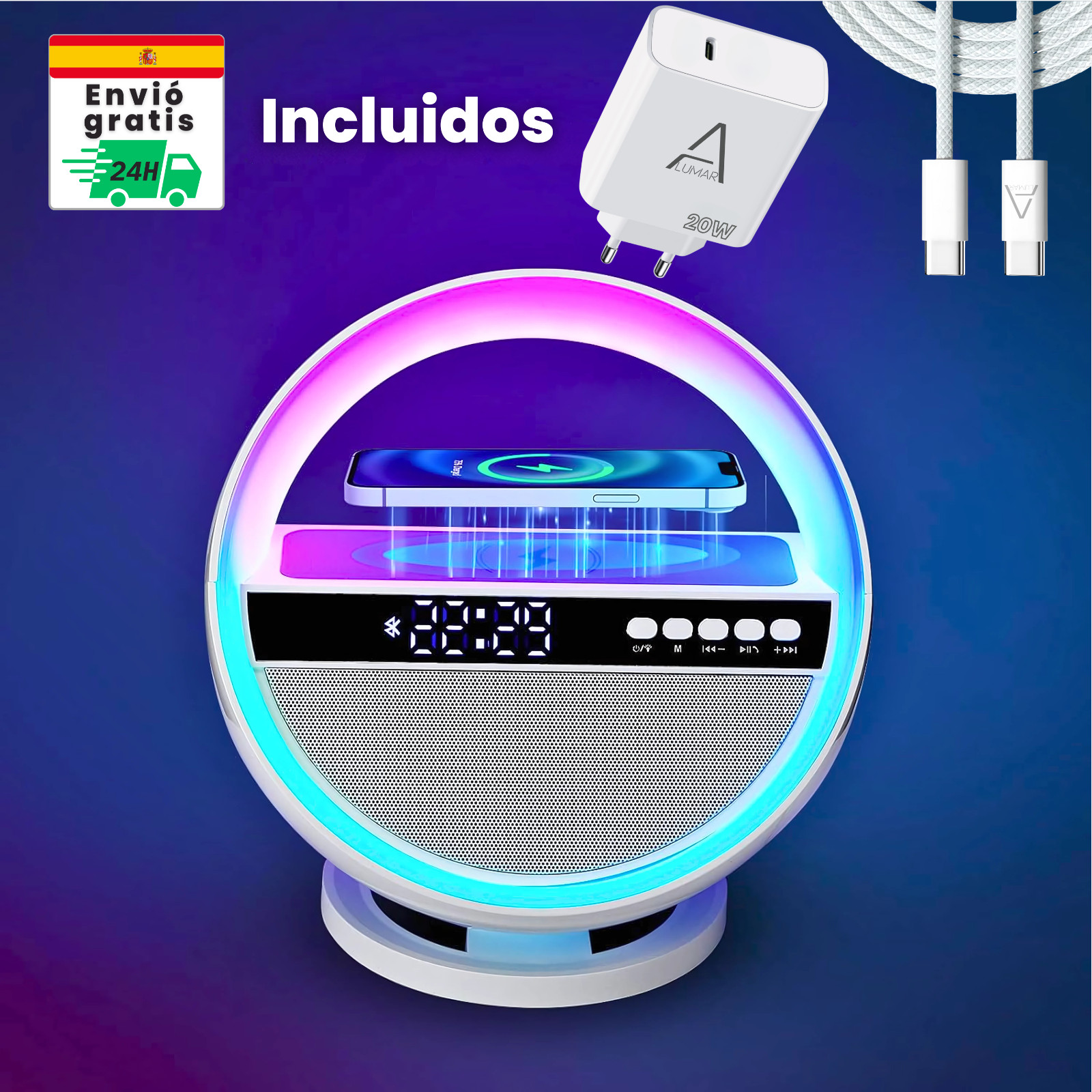 Lámpara LED RGB Inteligente 6 en 1 Grande Forma de O , Altavoz Bluetooth, FM, QI