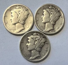 1927-D, 1935-S, 1931-S, SET OF 3 MERCURY DIMES, COINS SAME AS SHOWN IN PHOTO #31