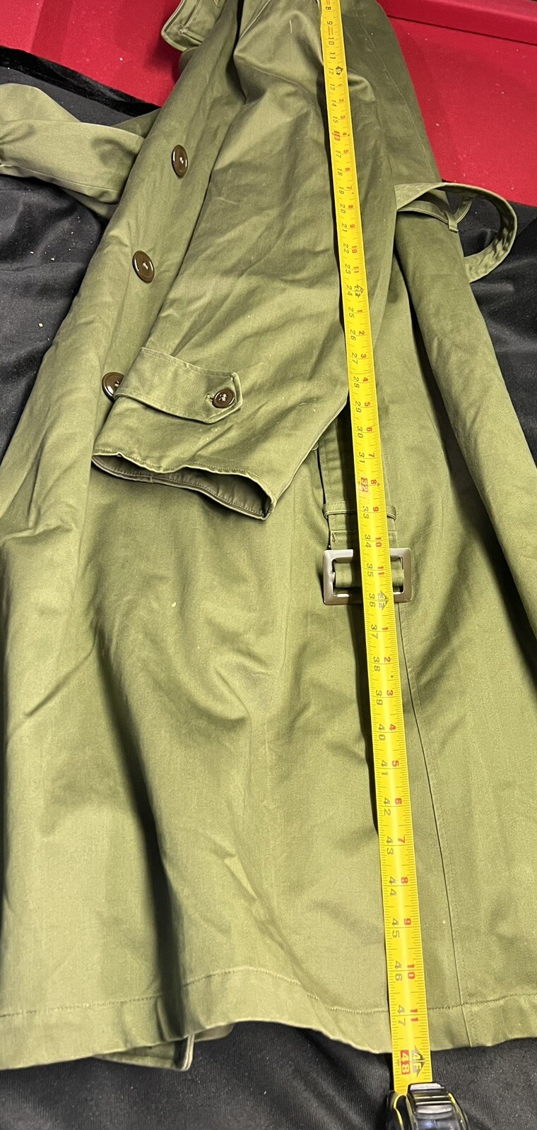 Military Men's Trench Coat Double Breasted Distressed Vtg Army Green
