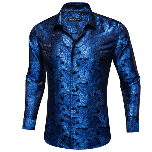 New Mens Silk Shirts Blue Red Grey Floral Dress Shirt Long Sleeve Button Down - Picture 55 of 169