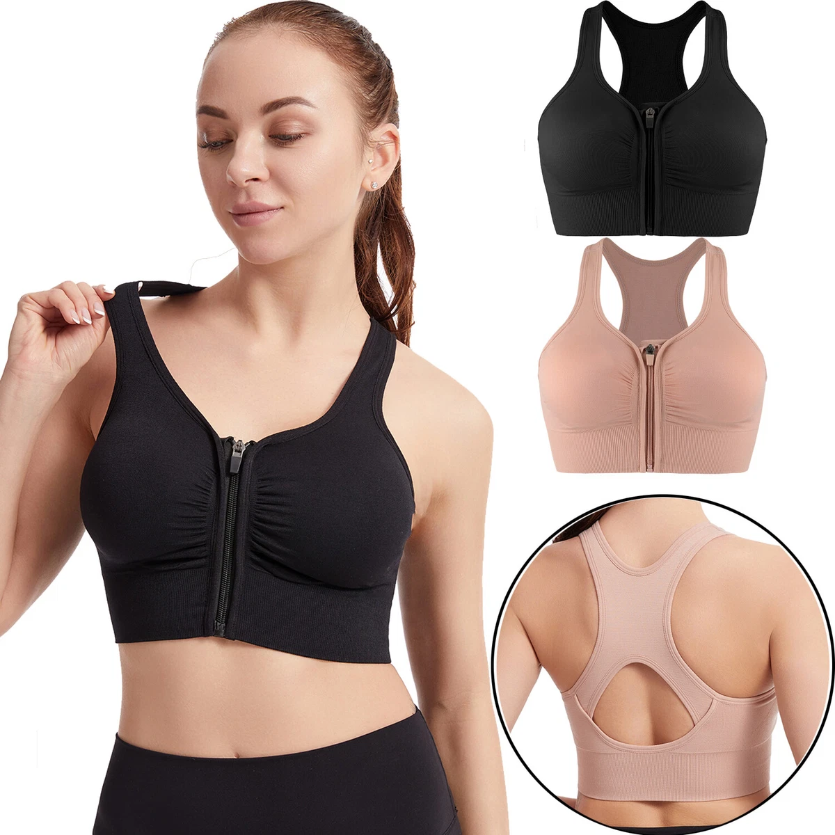 Women Zip Front Sports Bra Wireless Post Surgery Bra Active Yoga Gym Sport  Bras