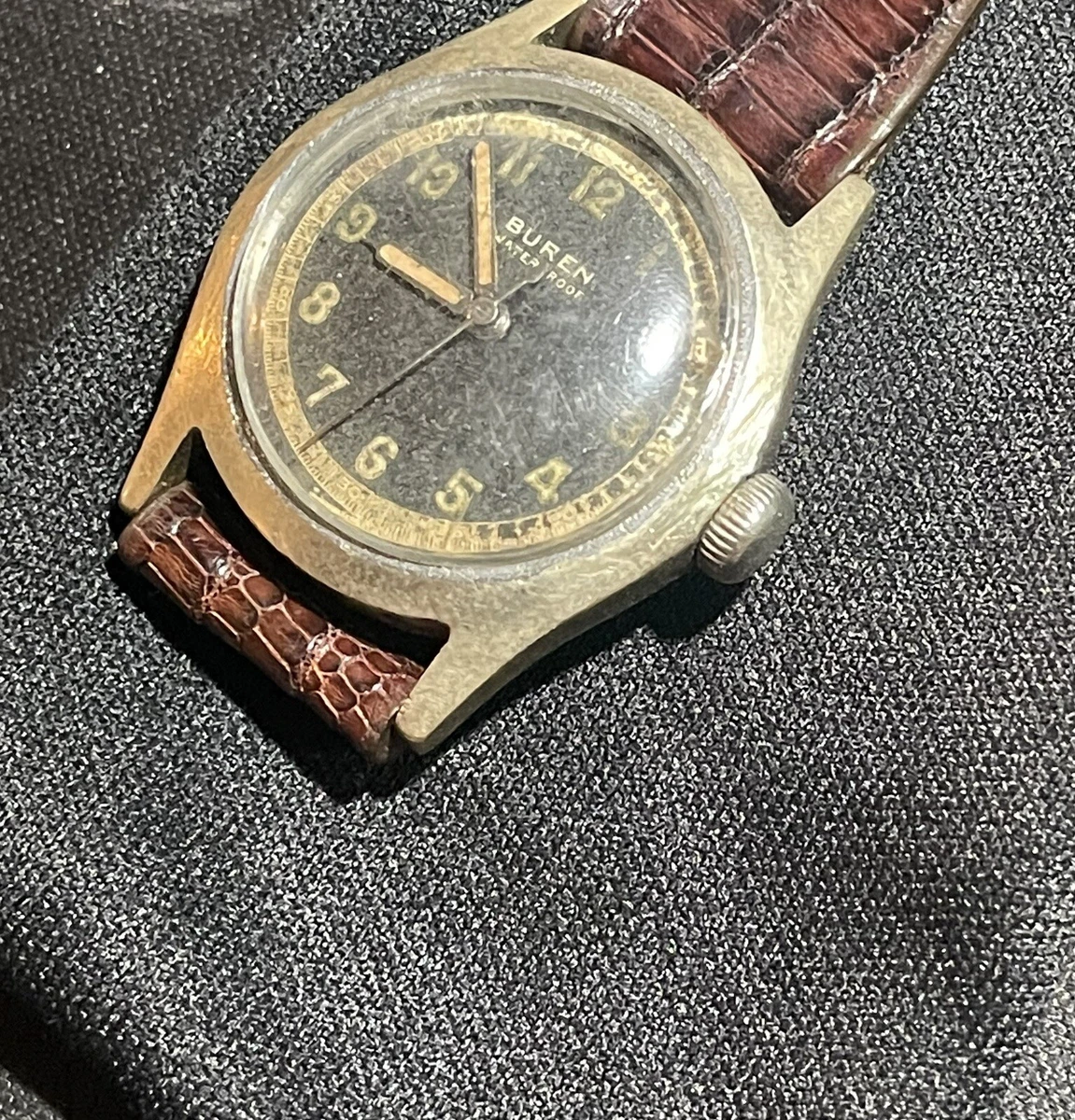 Vintage Buren Waterproof Black Dial WWII Military Watch Aviator