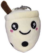 Plush Boba Tea with Straw Toy Key Chain Smile Design Cream Color