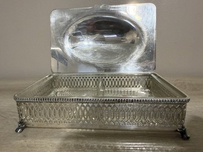 Vintage Crescent Pierced Fretwork Silver Plated Hinged Box Sectioned Glass Liner