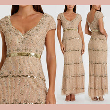 NEW Mac Duggal [ 12 ] 9089 Cap Sleeve Embellished Column Gown in Gold Nude S1404