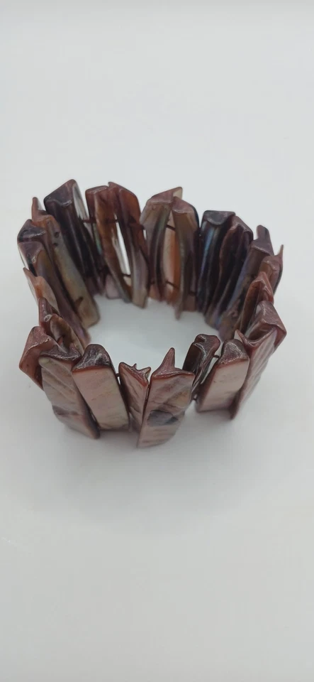 Pulsera Abulón Bronce Gruesa Madreperla Concha Elastizada Coral Bronce Foto 2 de 4