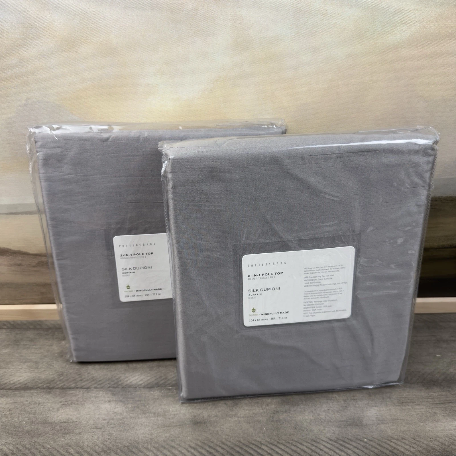 Pottery Barn Dupioni Silk Drapes Curtains 104”x84” Lined Platinum Gray Set/2