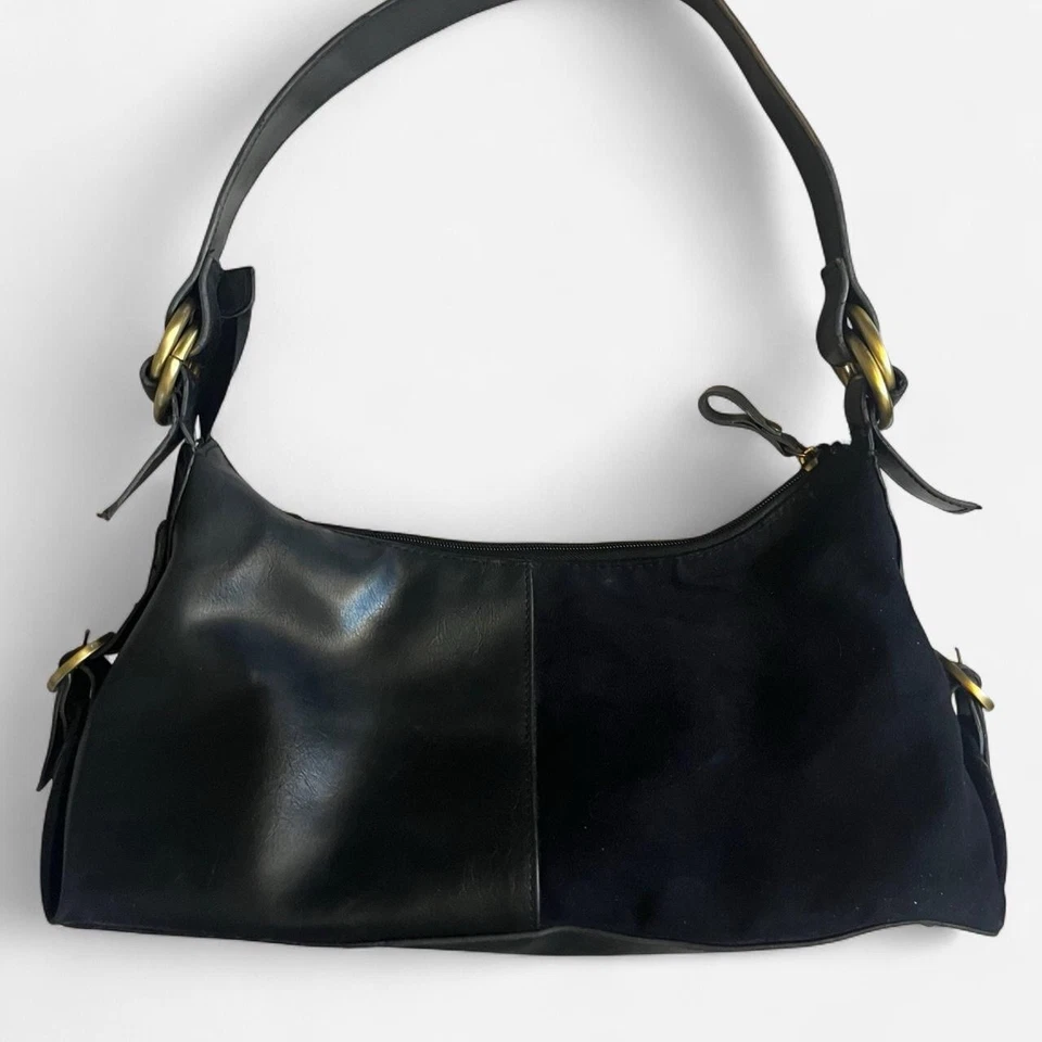 Bolso de hombro de cuero con estampado animal marrón y negro con retazos Foto 2 de 4