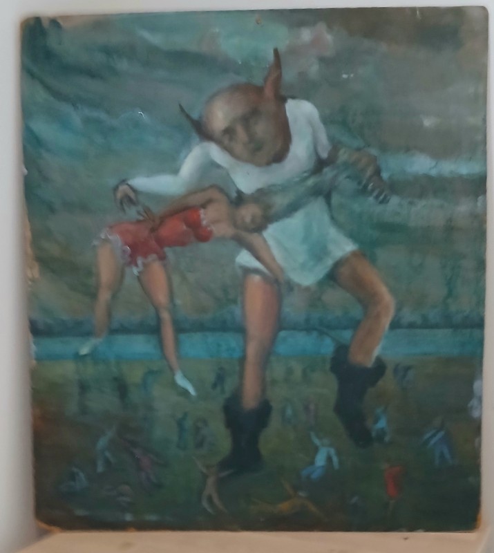 vintage carnival advertising oil on board pressed board 