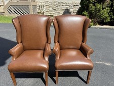 Ethan Allen Pair Brown Leather Wingback Armchairs Rolled Arms Nailhead Trim