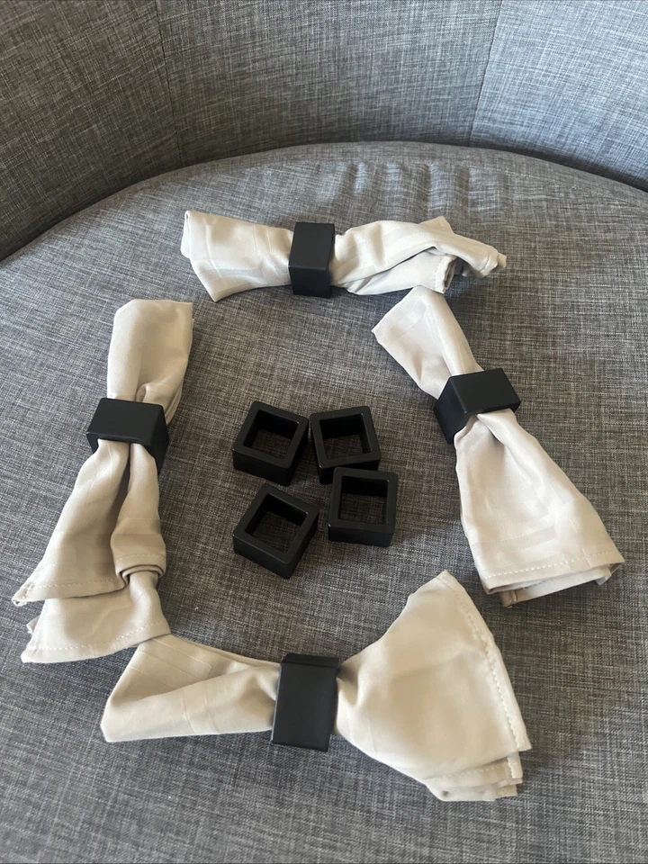 Set Of 8 Napkins Rings black Square With 4 Brown Silk Napkins - Image 4 of 4