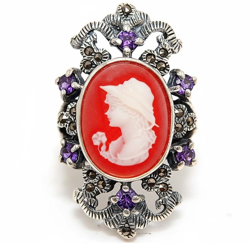 Swiss Marcasite Cameo Victorian Lady 925 Sterling Silver Ring Sz 6 PC13-7