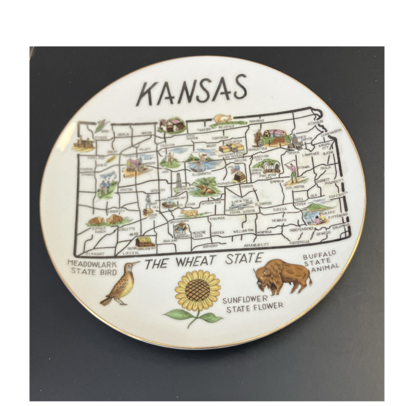 Kansas Decorative Plate Souvenir Wheat State Meadowlark Sunflower Buffalo