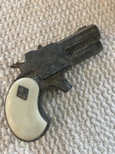 ANTIQUE MINI DERRINGER TOY CAP GUN - SILVER TONE IVORY HANDLE 3" X 2"