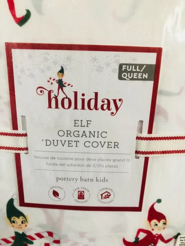 Edredón Pottery Barn Kids FULL QUEEN algodón elfo 2 fundas Ho Ho Ho almohada Navidad Foto 4 de 4