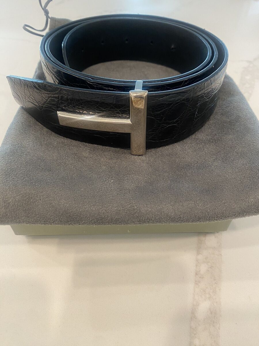 TOM FORD Men's Crocodile /Leather T-Icon Belt, Black size TOM FORD Men's Crocodile /Leather T-Icon Belt, Black size