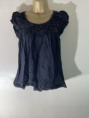 Damenbluse Red Herring UK 10 schwarz kurzärmelig Puffsaum Paillettenpanel