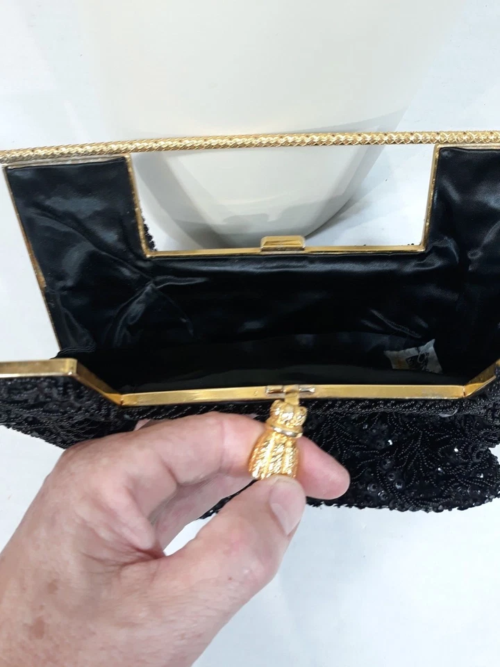 Monedero vintage Mid Century Vivant By Sarne negro con lentejuelas y cuentas Foto 4 de 4