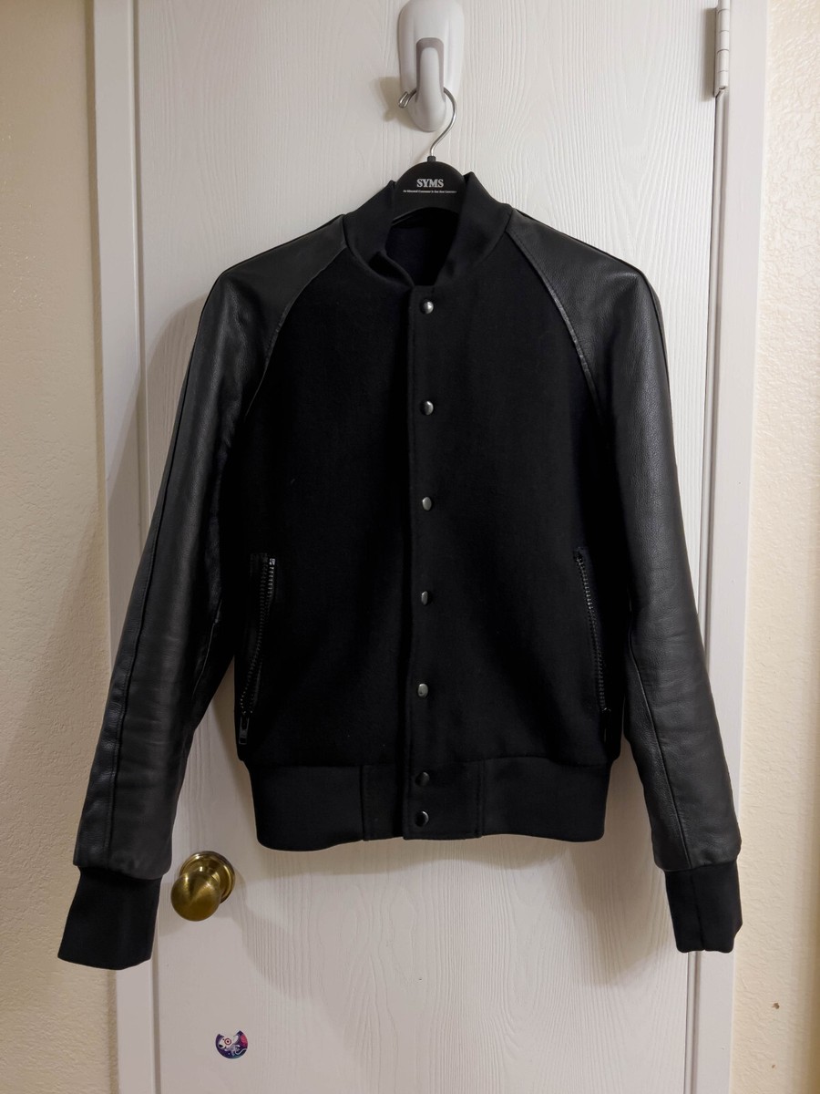 H&M Varsity Bomber Jacket Mens 38R Black Wool blend w Genuine
