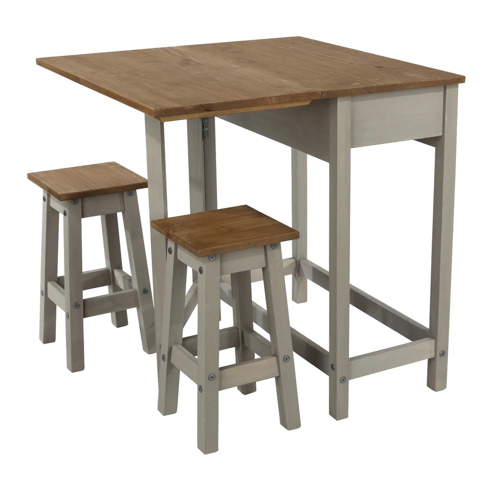 Corona High Table Counter Breakfast Bar Drop Leaf 2 Stools Kitchen Set Pine Grey - Image 4 of 4