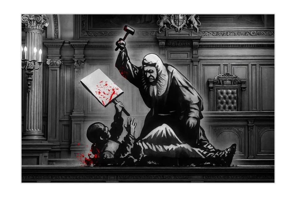 Banksy Judge Beating Protester Graffiti Court Scene Canvas Wall Art Prints - Image 2 of 4