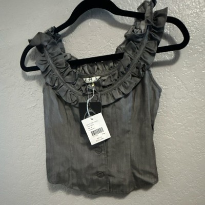 HOLY.G BLUE LABEL Women's Gray Ruffle Button Sleeveless Blouse Size 36