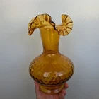 Vintage FENTON Pitcher Vase Amber Glass Ruffle Coin Dot Hand Blown *read*
