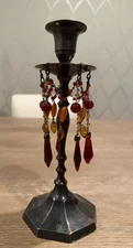 2 Brown Bronze Ornate Chain Bead Crystal Red Candlestick Holders Boho Victorian