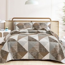 King Size Quilt Brown, 3 Pieces Patchwork Bedspread Bedding for King Size Bed