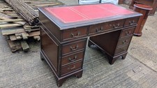 Reproduction pedestal desk gold tooled red leather inset top with key 8 drawers