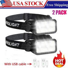 2 Pack Waterproof COB LED Headlamp Motion Sensor Head Torch USB Headlight