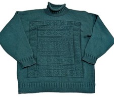 Vtg Peggy's Womens Acrylic Sweater Rollneck Shoulder Pads 3D Knit Green USA Made