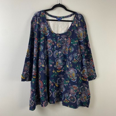 Liz & Me Navy Blue Henley Top T Shirt Size 5X Paisley Cotton 3/4 Sleeves