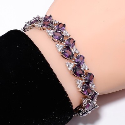 Purple Amethyst, CZ 925 Sterling Silver Adjustable Bracelet 7-8'' B140027