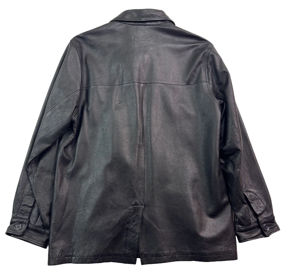 Chaps Ralph Lauren Large Black Leather Jacket Coat Button Front Bomber Classic - Image 4 of 4